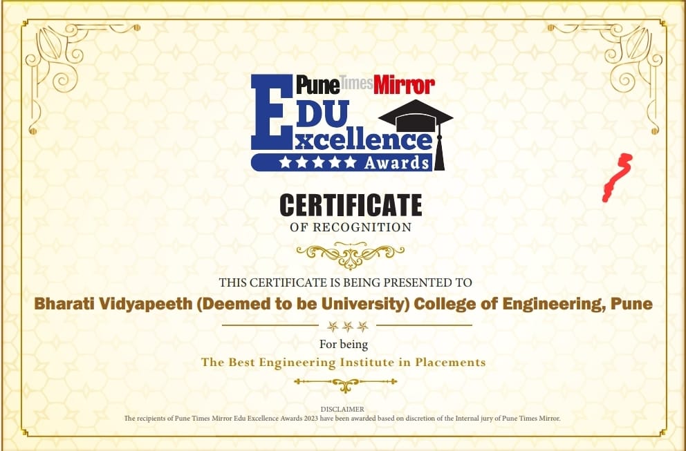 BVDUCOEP received Times Pune Mirror - Edu Excellence Award