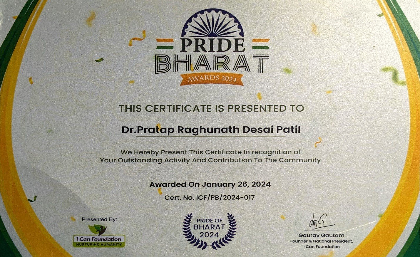 Pride of Bharat Award for Dr. Pratap Desai 