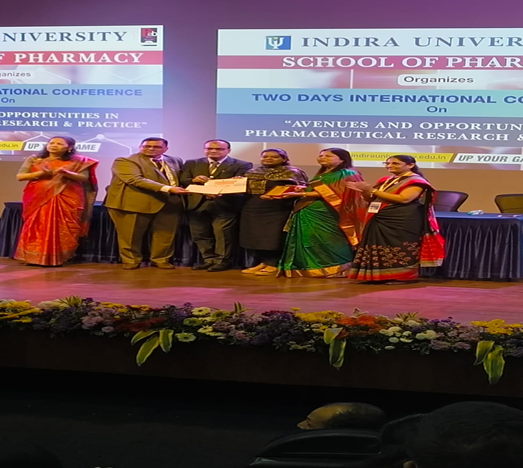 Ms. Priyanka Kumbhar PhD Research Scholar,  Dept. Of Pharmaceutics received 1st Prize for POSTER at International Conference held at Indira University School of Pharmacy under PG and PhD category