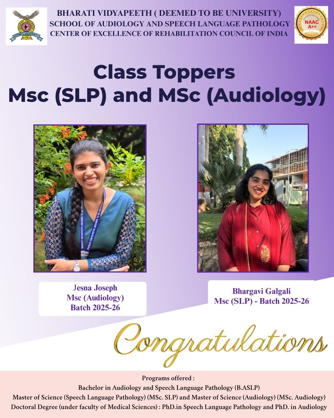 Class Toppers Msc(SLP) and Msc(Audiology)